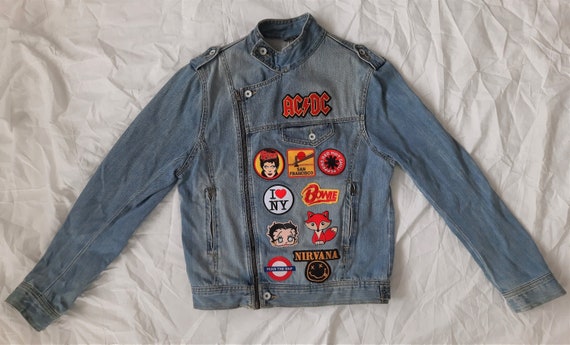 Upcycled Biker Denim Jacket With Patches / Reworked Vintage Biker Denim  Jacket With Patches Men Size XL Unisex Adult 