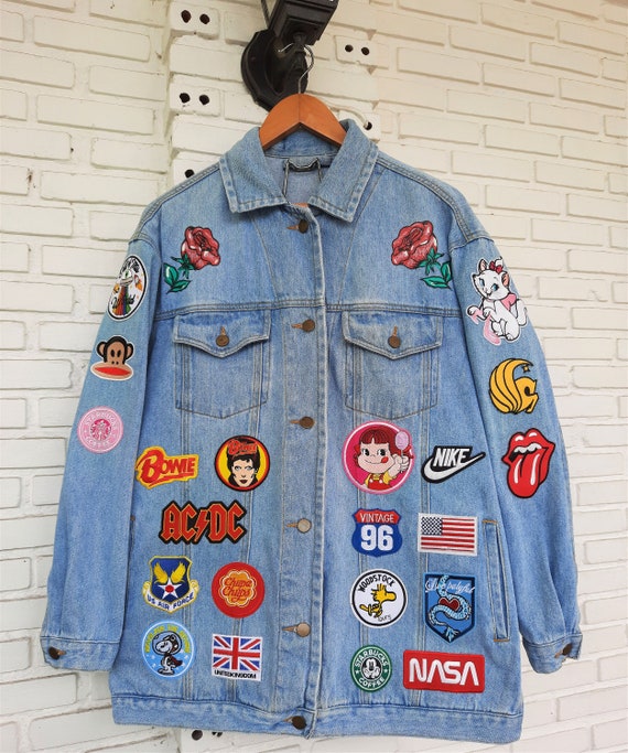 Upcycled Denim Jacket With Patches / Reworked Vintage Oversize Jean Jacket  With Patches Women Size XL -  Denmark