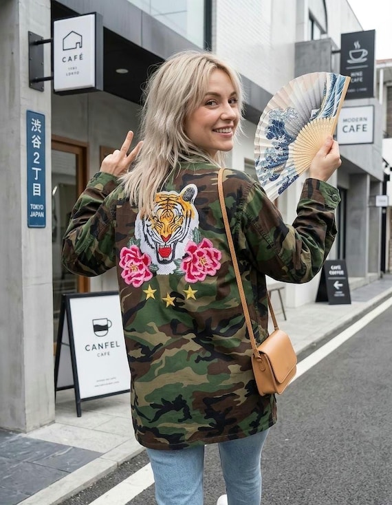 Upcycled Vintage Camo Military Jacket | Embroidered Tiger & Betty Boop Patches | Unisex Size M