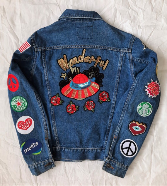 Upcycled Denim Jacket With Patches / Reworked Vintage Oversize Jean Jacket  With Patches Women Size XL -  Denmark