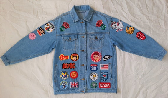 Upcycled Denim Jacket with Patches / Reworked Vintage Oversize | Etsy