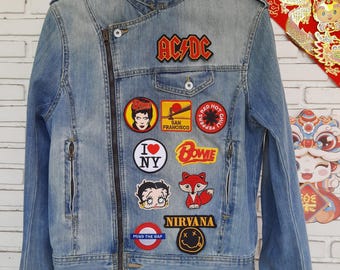 【mnem】Patch Biker Denim Jacket Men Vintage Patch Motorcycle Biker Denim Jacket Distressed