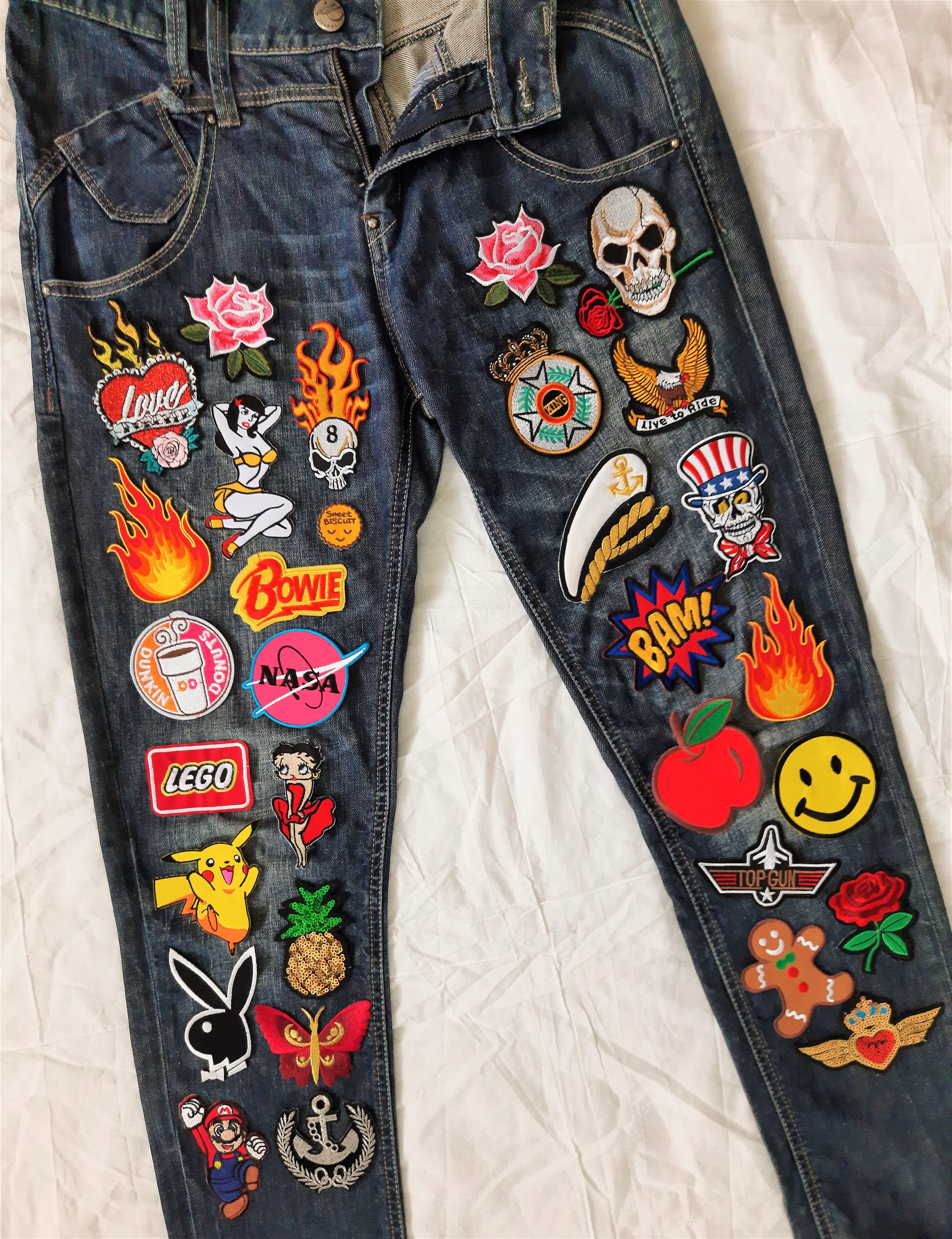 Patched Denim / Upcycled Jeans with Patches / Hand Reworked | Etsy