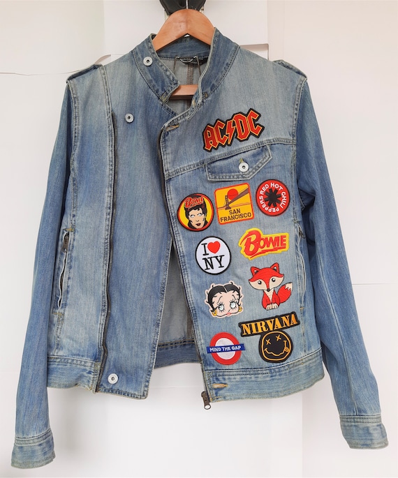Upcycled Biker Denim Jacket XL Unisex : Retro Rock Band