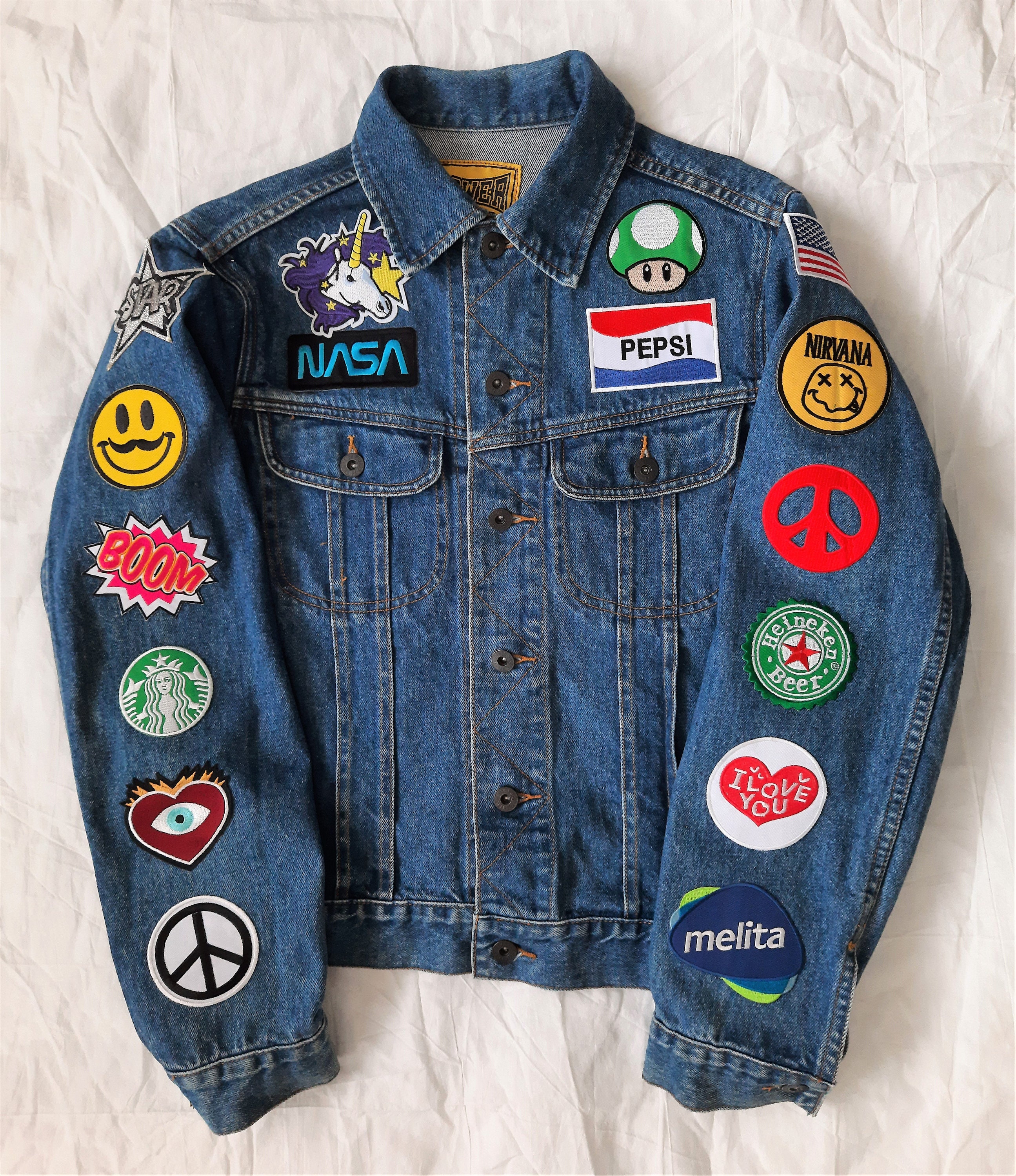 Vintage Denim Patch Jacket Cosmic Pop Art Size M Etsy Vintage Denim Patch Jacket Cosmic Pop Art Size M Etsy