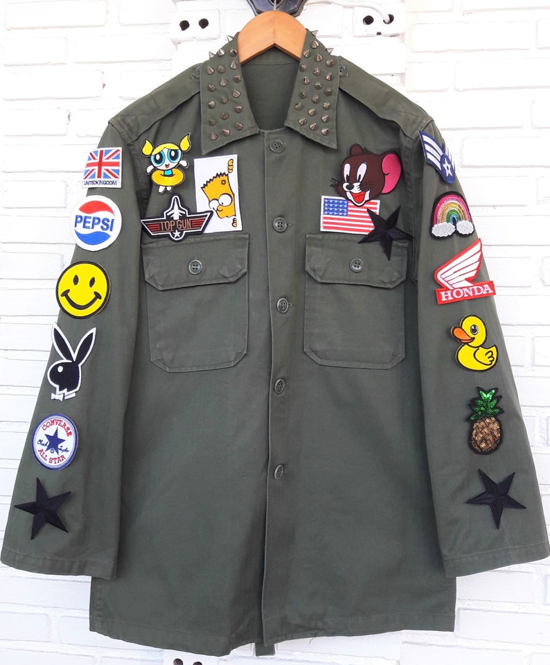 Upcycled Green Army Jacket with Patches / Reworked Studded Etsy