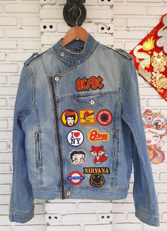 Upcycled Biker Denim Jacket With Patches / Reworked Vintage