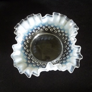 Vintage Fenton French Opalescent Hobnail Ruffled Trinket Dish Moonstone