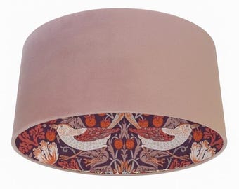 Handmade Blush Pink Velvet Drum Lampshade: Patterned Lining