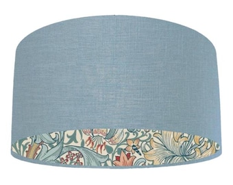 Handmade Duck Egg Linen Drum Lampshade: Patterned Lining