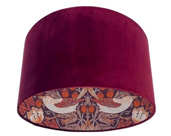 Burgundy Wine Velvet Drum Lampshade: Choice of Botanicals, Birds, Metallic, Multi Patterned Linings
