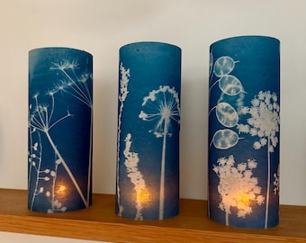 Hand Printed Cyanotype Lantern + Battery Tealight