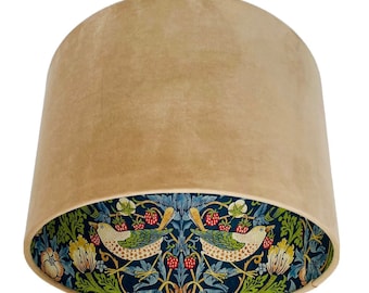 William Morris 'Strawberry Thief' Lampshade: Indigo Lined Velvet Drum