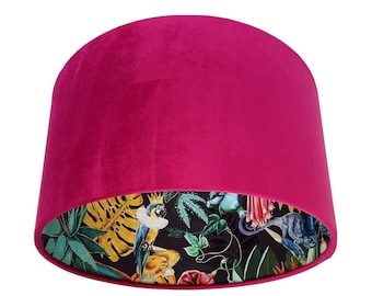 Wonderland Tropical Animal & Foliage Themed, Paper Lined Lampshade Your Choice Velvet Fabric. Parrots, Chameleon