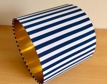 Navy Blue Stripe Drum Lampshade with Glossy Vinyl Lining