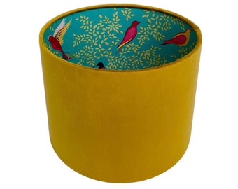 Mustard Gold Velvet and Sara Miller Green Bird Fabric Lined Lampshade