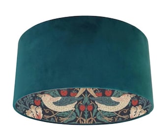 William Morris Strawberry Thief Velvet Lampshade, Deep Blue Botanical Print
