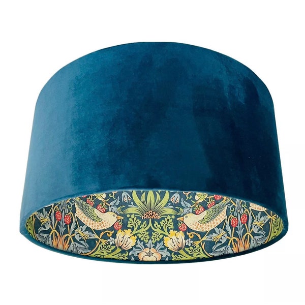 William Morris, Morris & Co. 'Strawberry Thief' Paper in Indigo Lined Lampshade Choice of Velvet Fabric