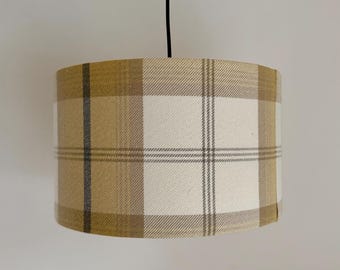 Country Tweed Check Wool Fabric Lampshade in Balmoral Mustard & Grey