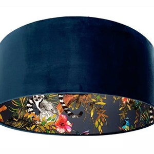 Midnight Blue Tropical Animal & Foliage, Jungle Themed, Paper Lined Lampshade Choice of Velvet Fabric. Hummingbirds, Geckos and Lemurs