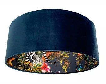 Midnight Blue Tropical Animal & Foliage, Jungle Themed, Paper Lined Lampshade Choice of Velvet Fabric. Hummingbirds, Geckos and Lemurs