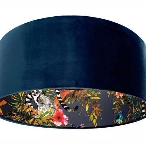 Midnight Blue Lined Lemur and Velvet Lampshade: Tropical Lemur and Hummingbird Print