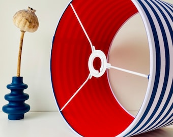 Navy Blue Stripe Lampshade: Handmade Drum Shade with Glossy Vinyl Lining