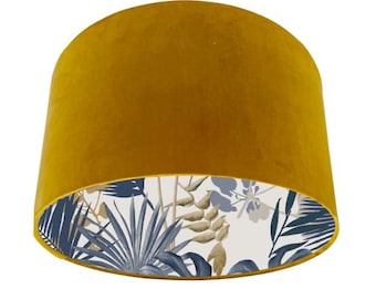 Ferula Blue Tropical Leaves Paper Lined Lampshade. Choice of Velvet Fabric Exterior