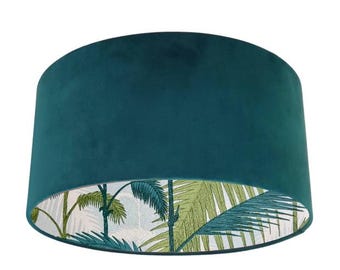 Palm Leaves Paper Lined Lampshade in Greens and Blues. Choice of Velvet Fabric Exterior