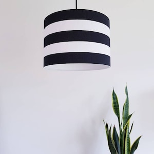 May include: A black and white striped lampshade hangs from a black cord against a white wall. A green plant is in the background.