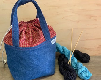 Denim & Red Plaid Small Project Bag