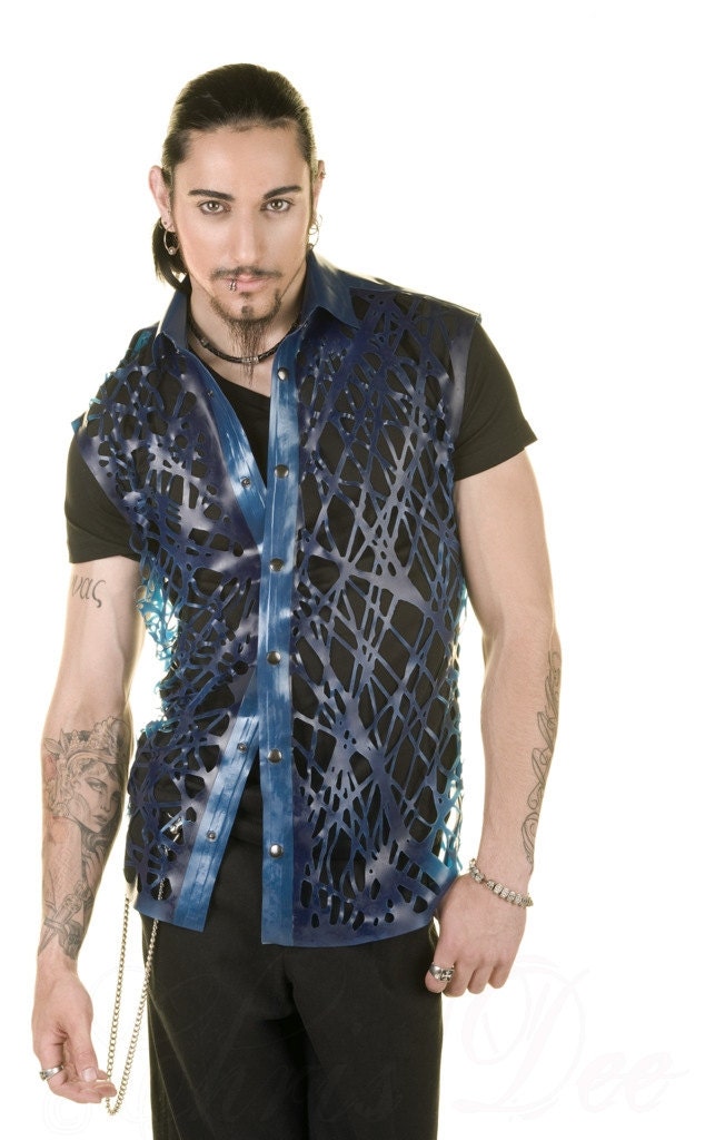 Image of Bird's Nest Mesh Latex Sleeveless Collared Shirt