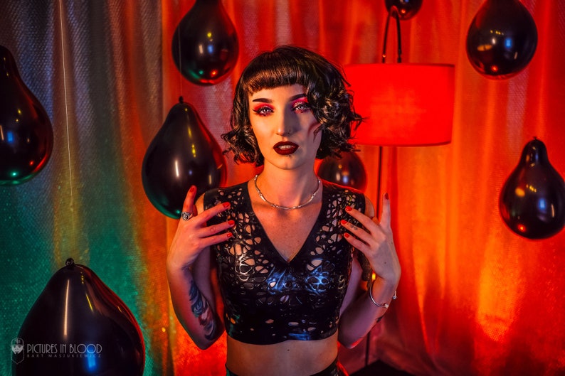 Sample V Neck Mesh Latex Crop Top