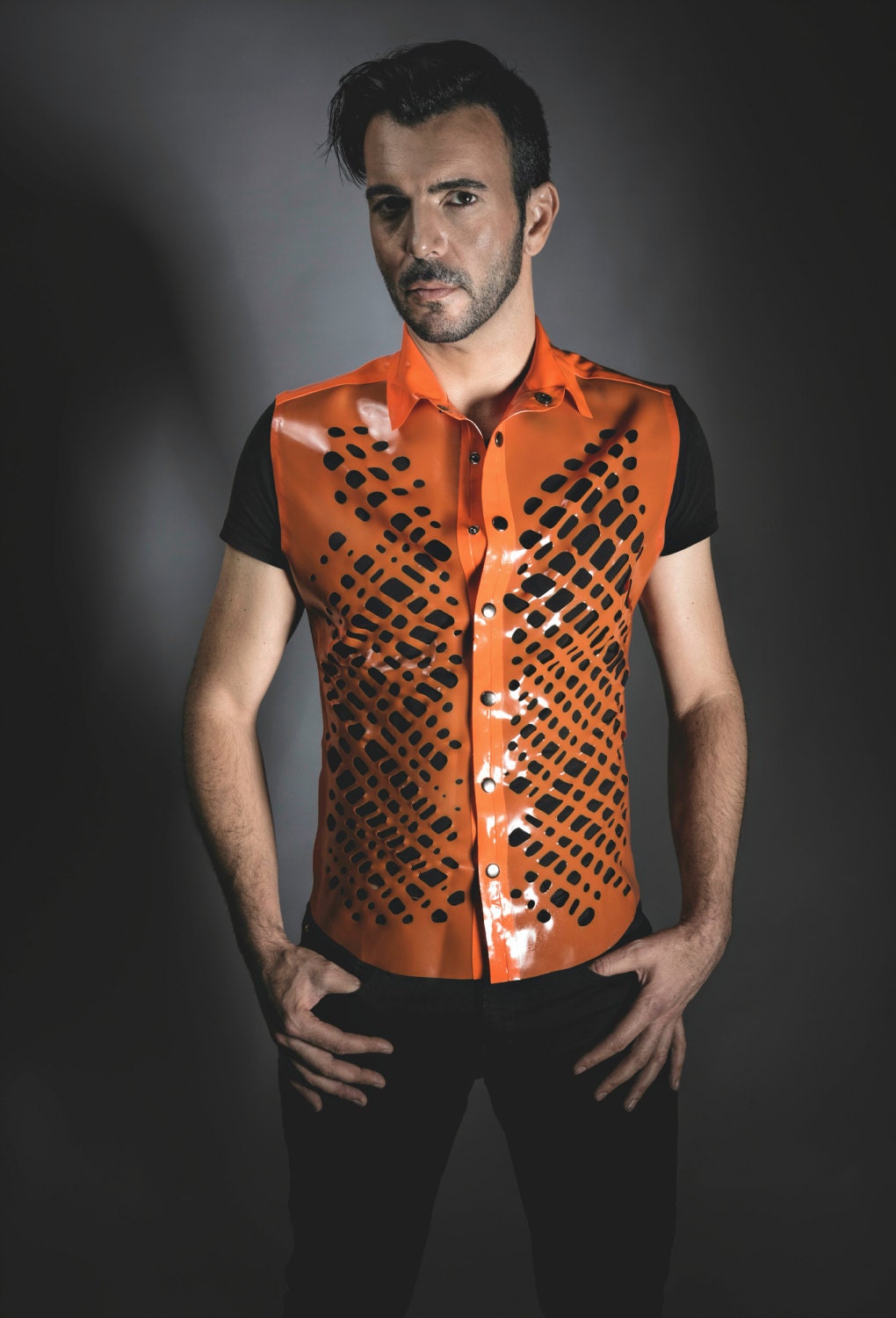Image of Sample Sale Crosshatch Mesh Latex Sleeveless Collared Shirt in Orange