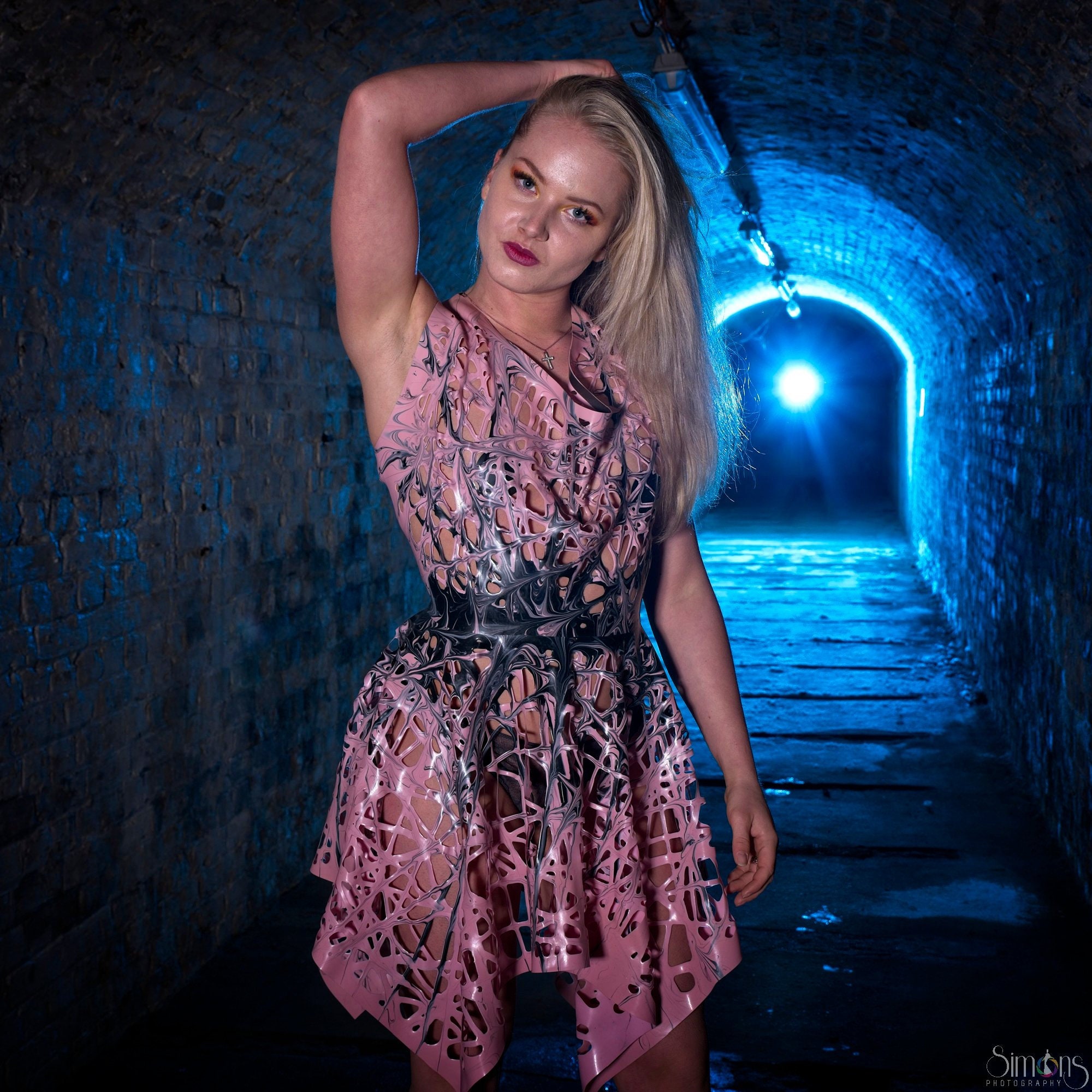 Image of Evie Latex Mesh Dress With Razorback & Handkerchief Skirt Hem in Pink Black Or Any Two Colours