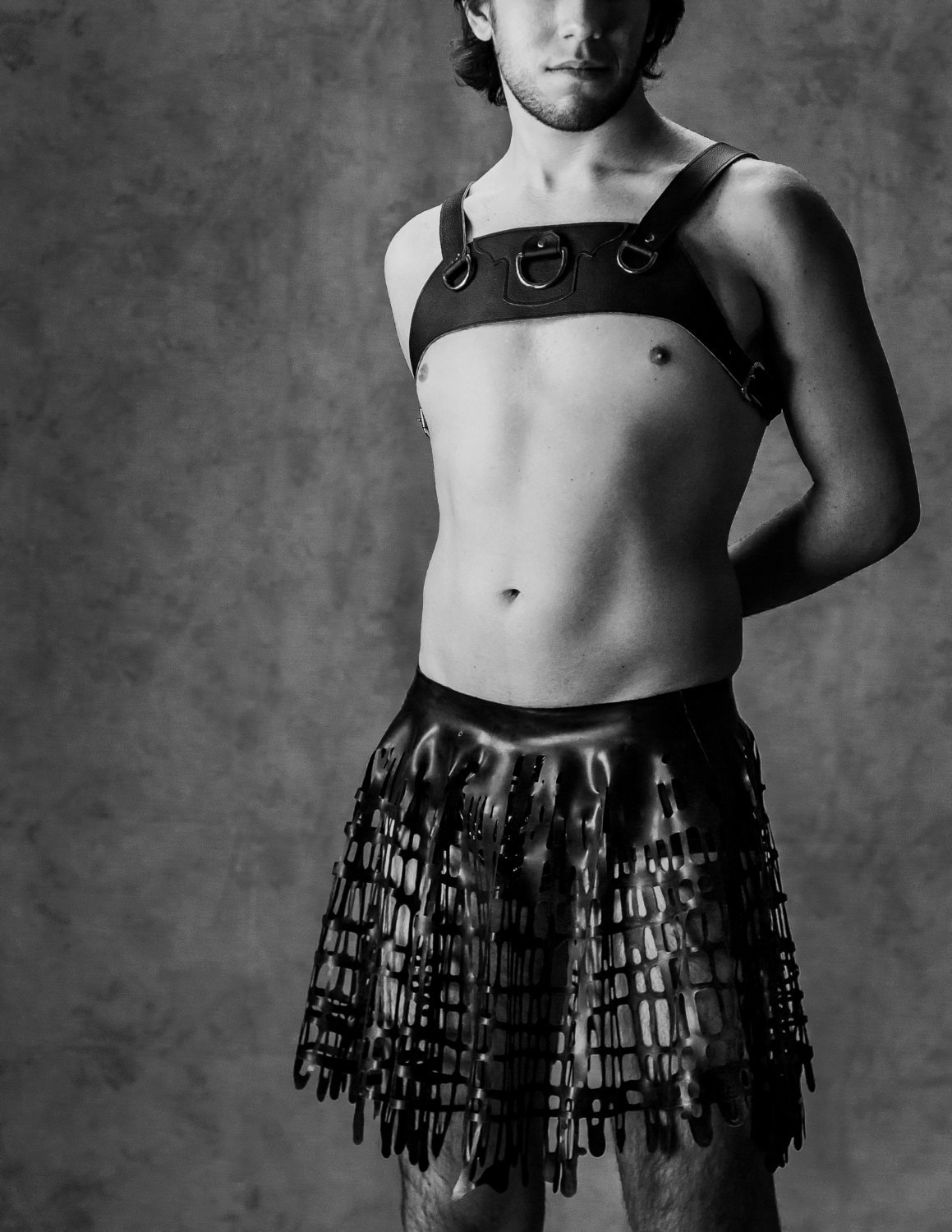 Image of Gladiator Style Grid Mesh Latex Skirt