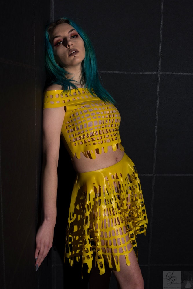 Image of Bardot Off-The-Shoulder Latex Grid Mesh Crop Top in Yellow Or Any Colour
