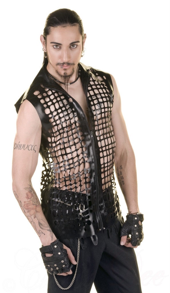 Image of Grid Mesh Latex Sleeveless Collared Shirt in Black Or Any Colour