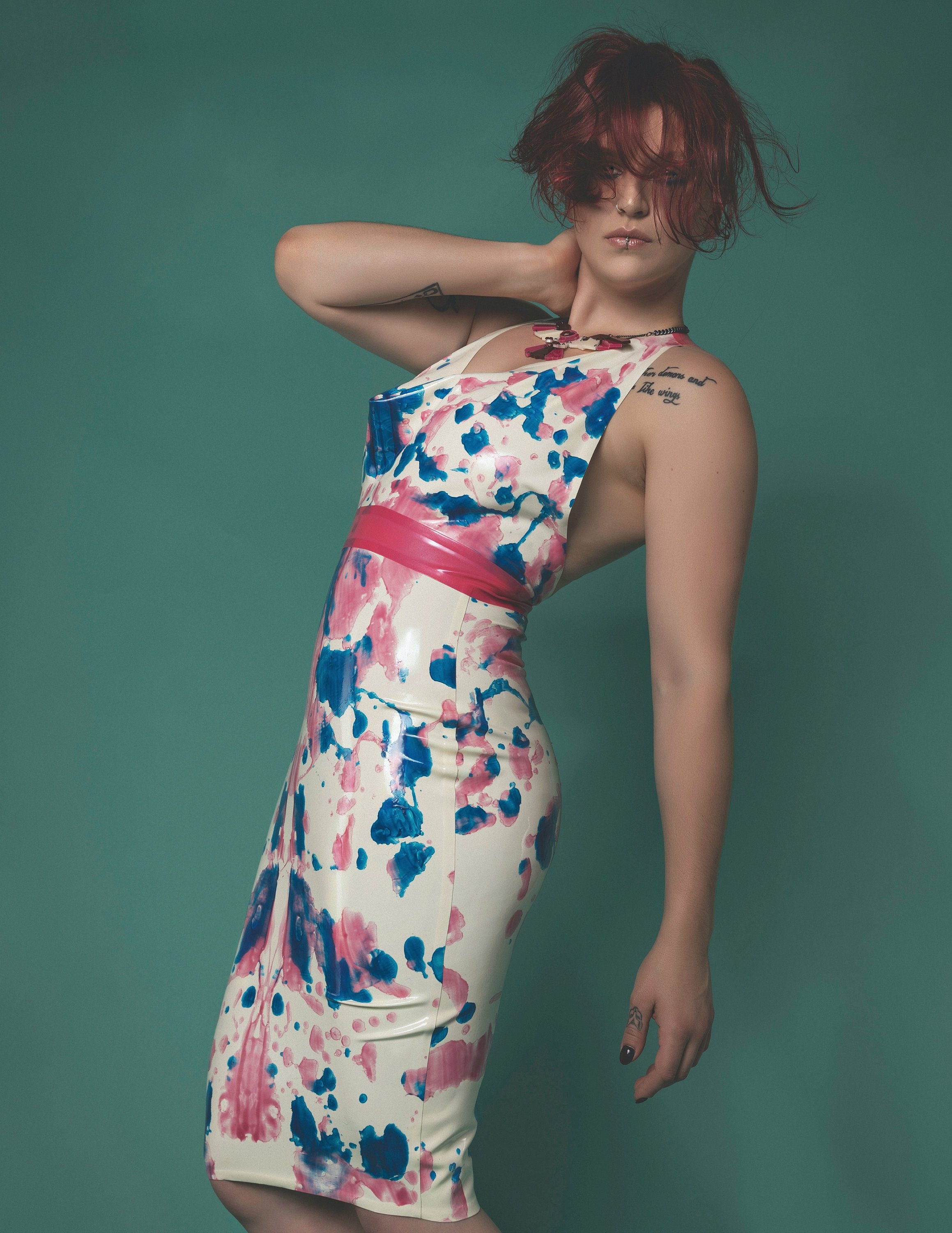 Image of Sample Sale - Valerie Ink Blot Latex Razorback Pencil Dress in White With Blue & Pink
