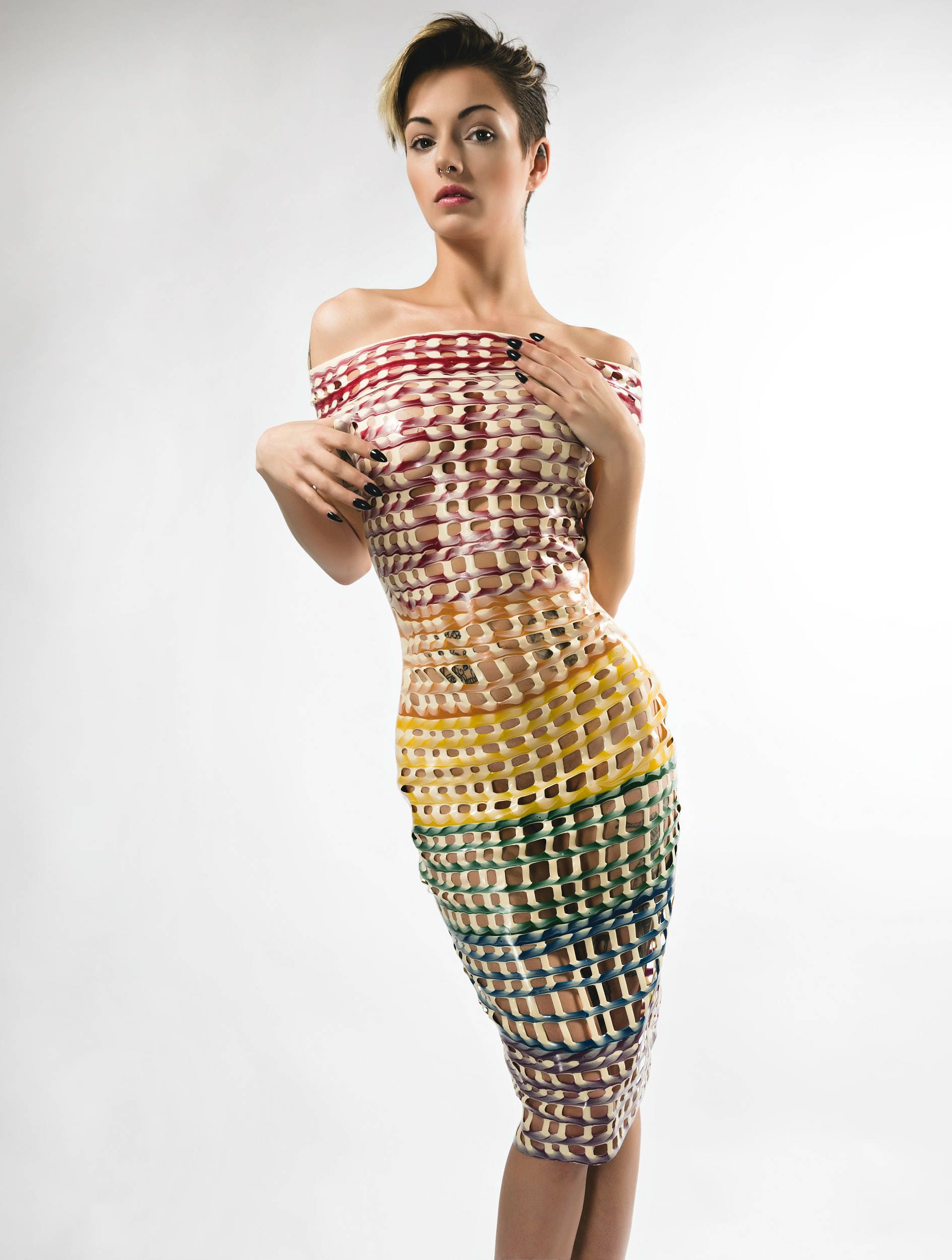 Image of Rainbow Marble Grid Mesh Latex Bardot Dress