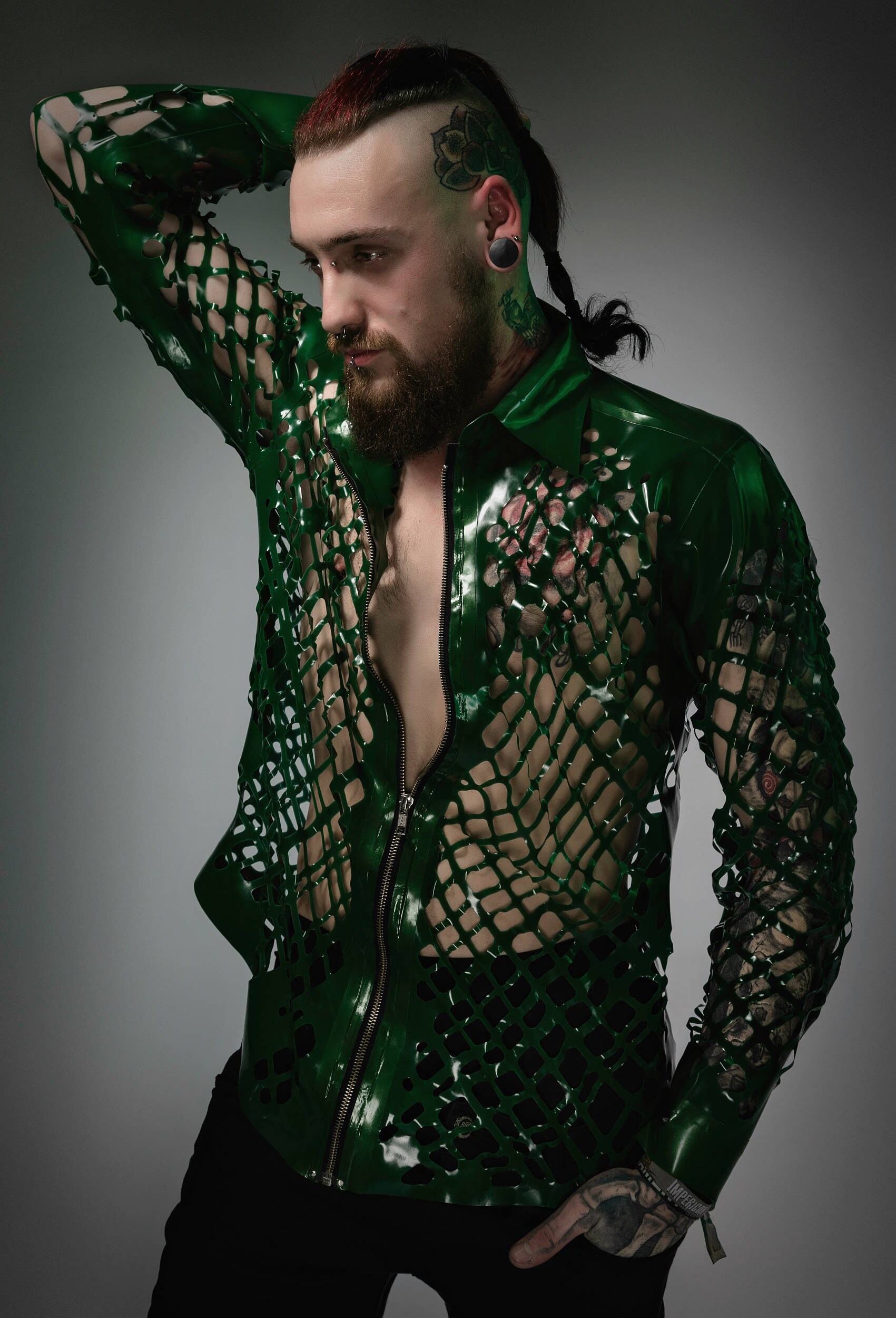 Image of Latex Crosshatch Mesh Collared Shirt With Sleeves in Green Or Any Colour