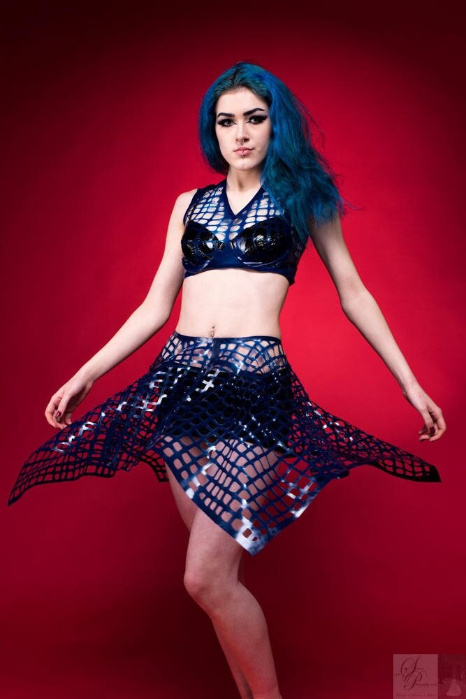 Image of Handkerchief Latex Mesh Skirt in Blue Or Any Colour
