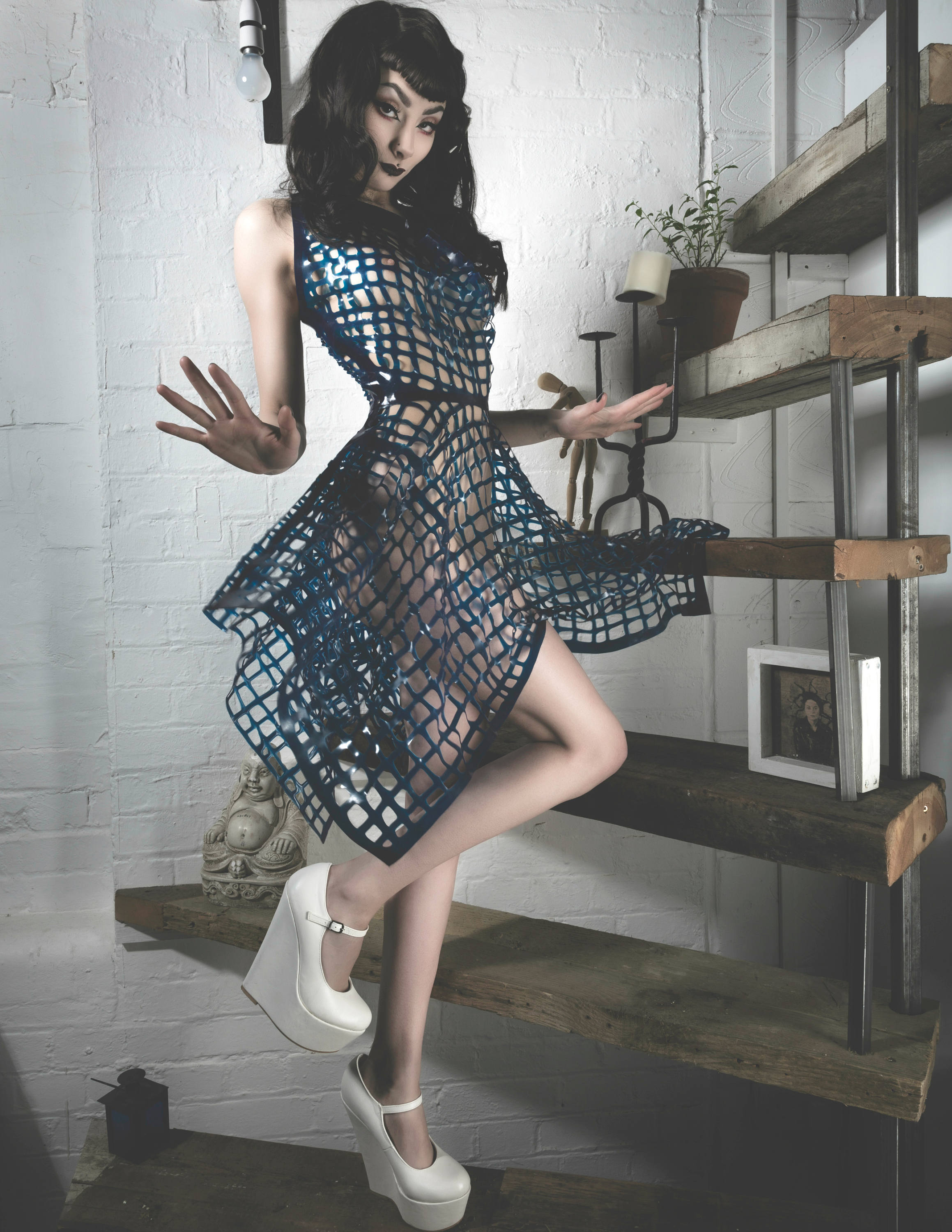 Image of Evie Latex Grid Mesh Dress With Razorback & Handkerchief Skirt Hem in Blue Or Any Colour