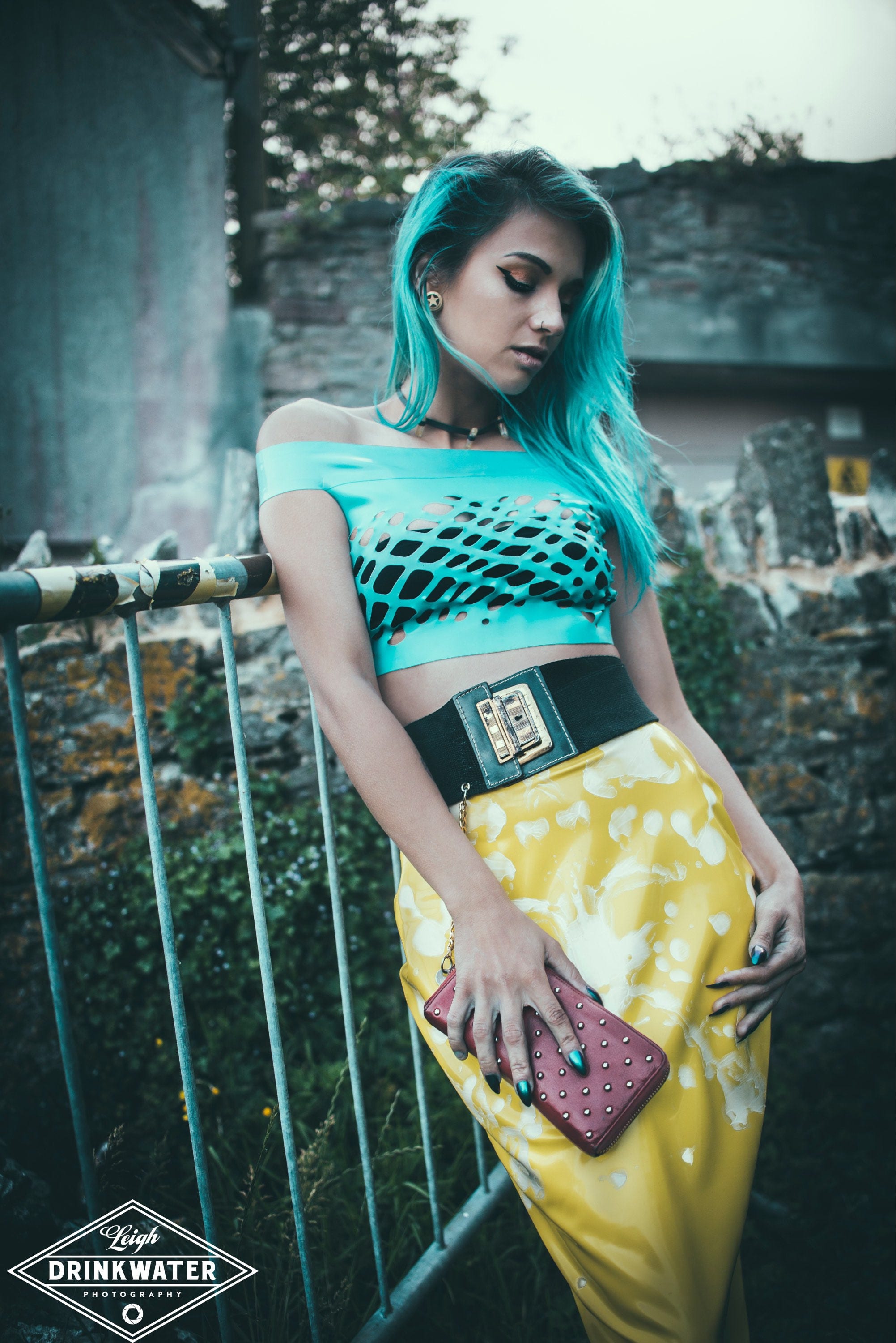 Image of Bardot Off-The-Shoulder Crosshatch Mesh Latex Crop Top in Sky Blue Or Any Colour