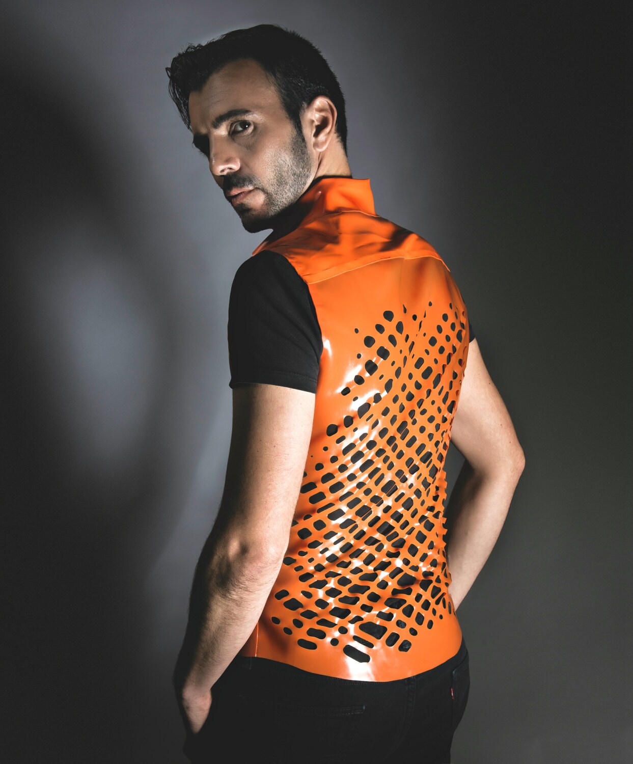 Image of Crosshatch Latex Mesh Sleeveless Collared Shirt in Orange Or Any Colour