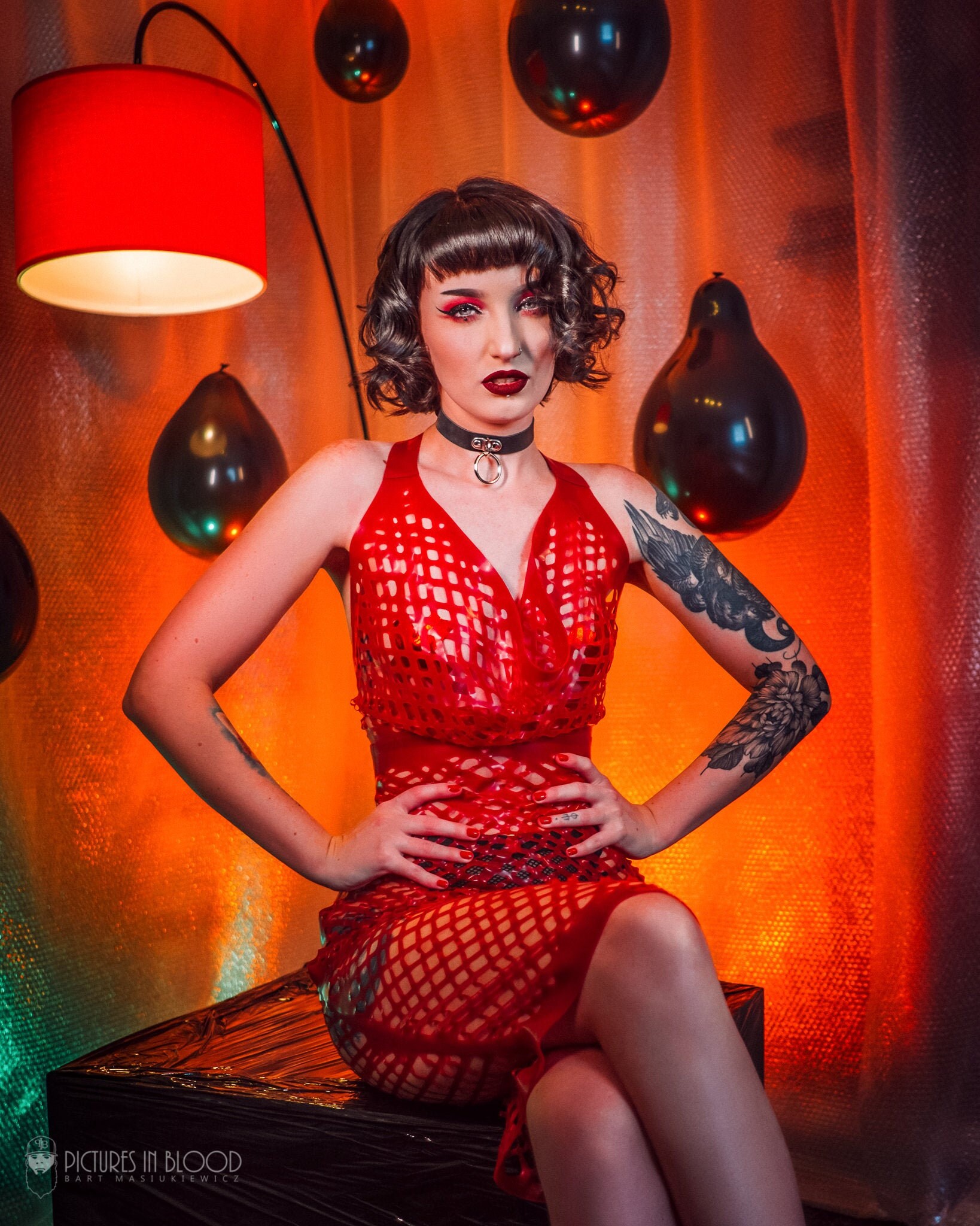 Image of Sample Sale - Valerie Pencil Dress With Razorback in Red Crosshatch Mesh Latex