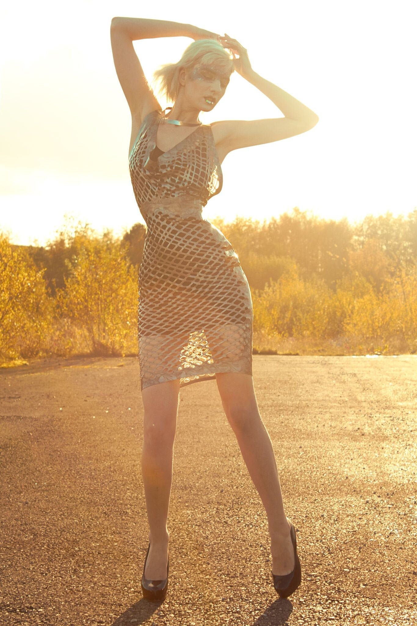 Image of Valerie Crosshatch Mesh Latex Razorback Pencil Dress in Silver Or Any Colour