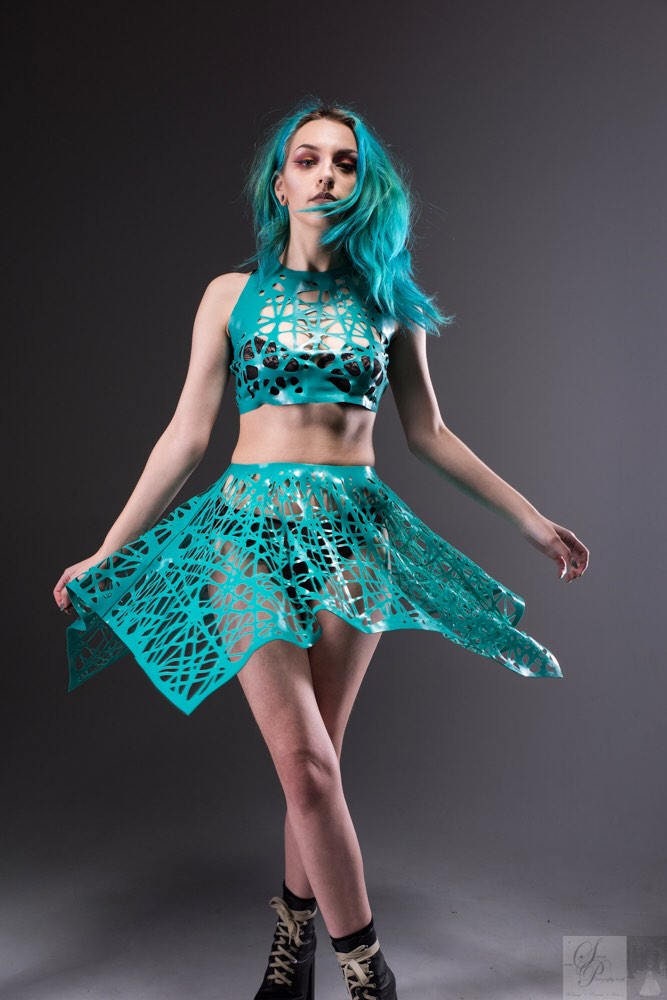 Image of Handkerchief Latex Mesh Skirt in Teal Or Any Colour