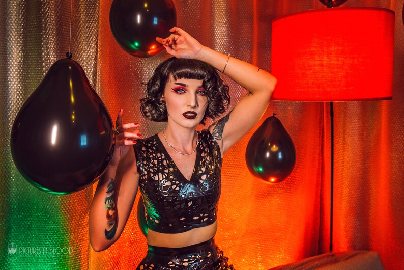 Sample V Neck Mesh Latex Crop Top
