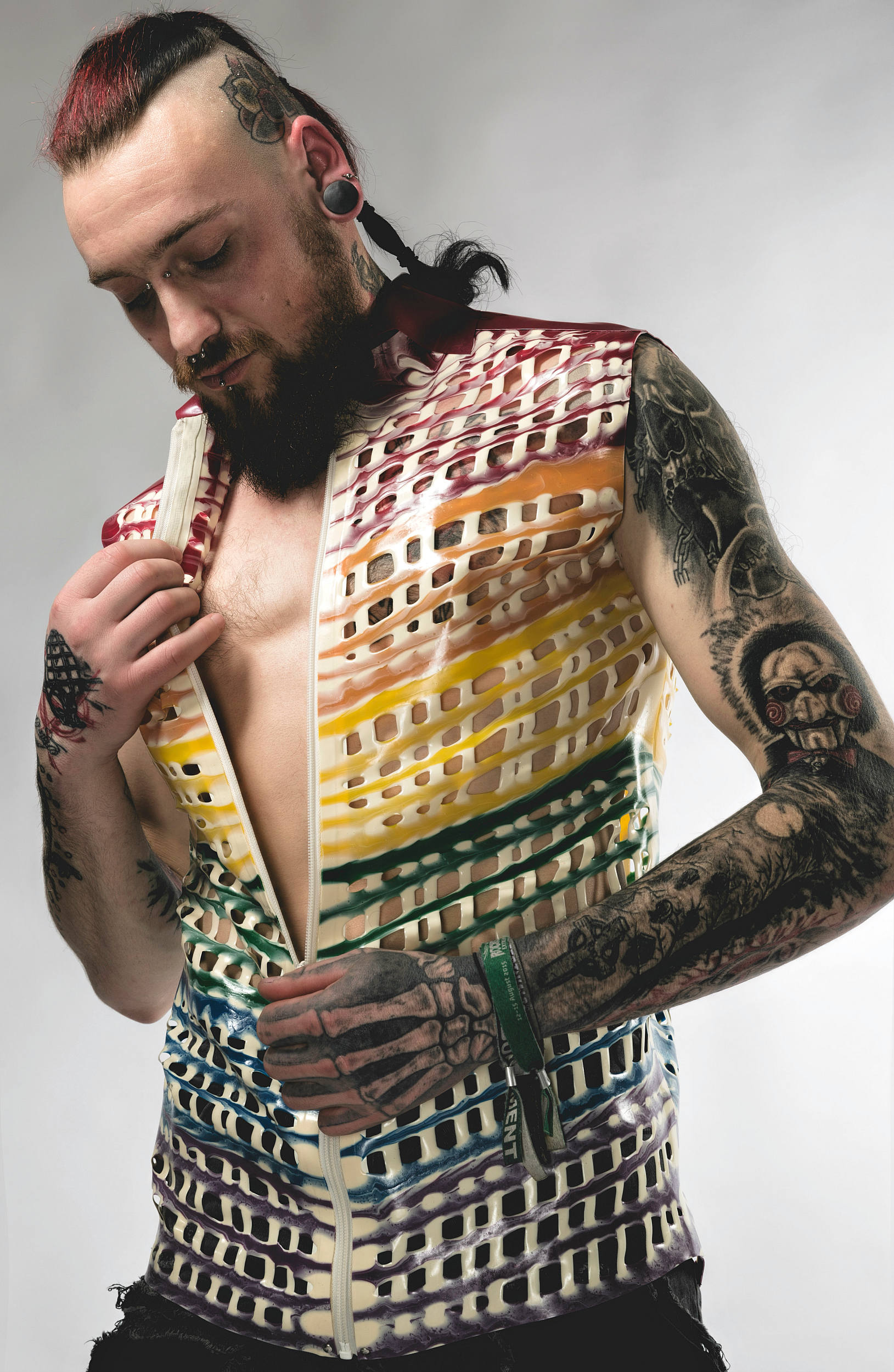 Image of Rainbow Marble Grid Mesh Latex Sleeveless Collared Shirt